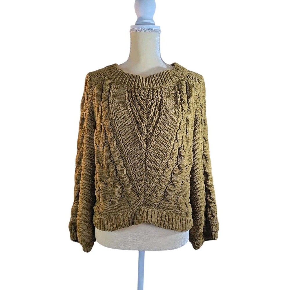 Express Chunky Cable Knit Sweater Mustard Green Oversized Boho Grandmacore SP